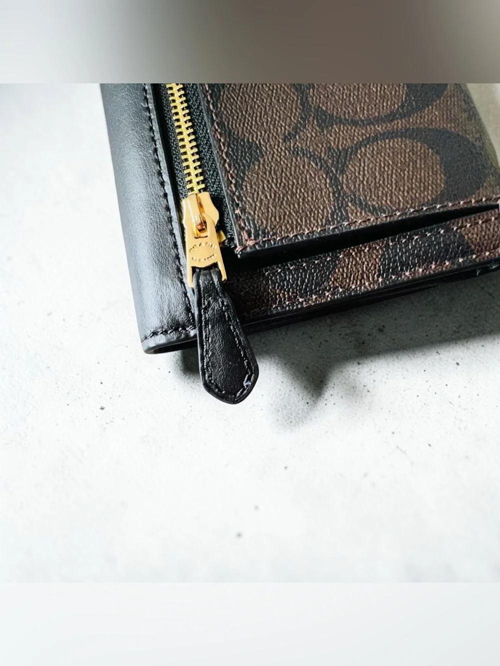 COACH Signature Trim Trifold Wallet | Espresso Brown & Black Leather | MSRP $250